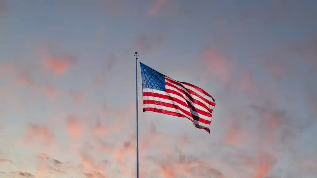An American flag at dusk.