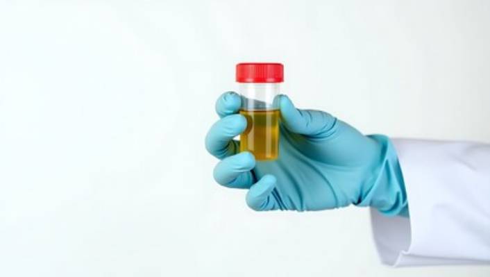 Gloved hand holding a clear specimen container filled with yellow liquid, sealed with a red cap.