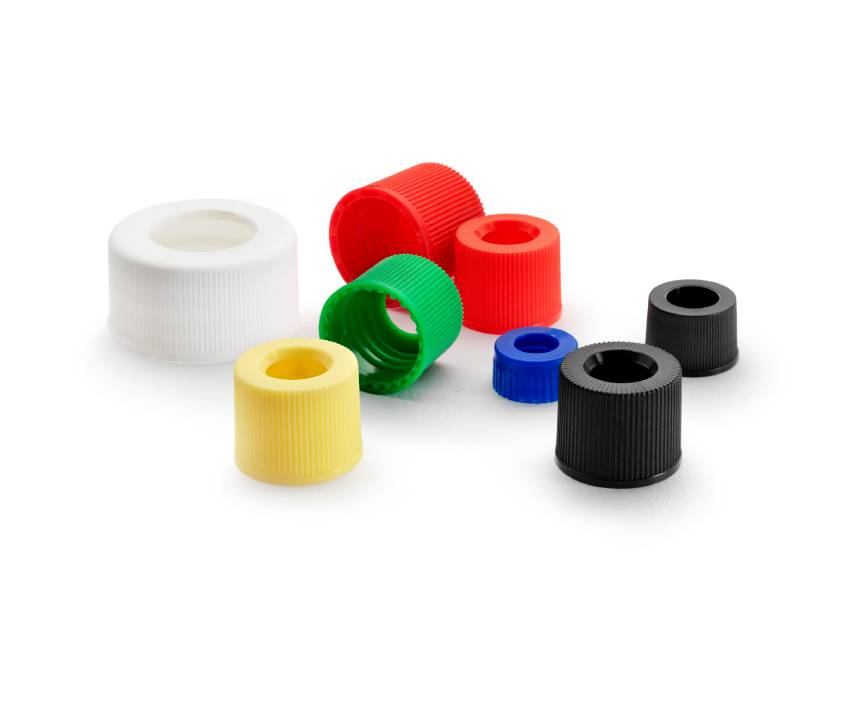 Assorted colorful plastic caps with ribbed grips.