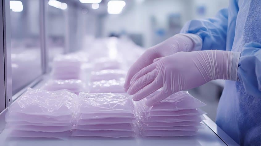Gloved technician handling sterilized, individually packaged medical components.