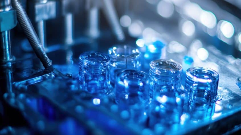 Close-up of transparent blue plastic medical containers being formed in an injection molding machine.
